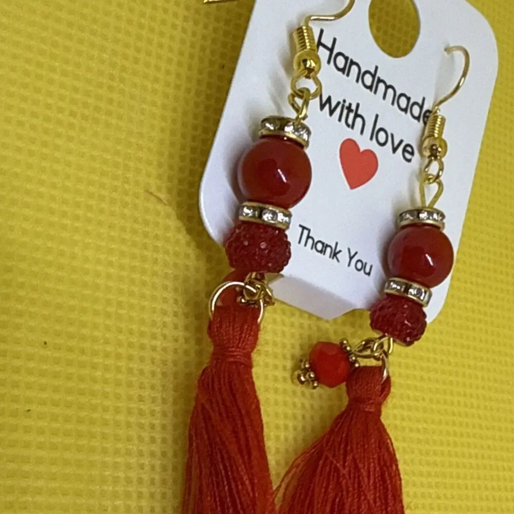 Handcrafted Bohemian Red Tassel Beaded Glass Earrings Gold Hook Closure